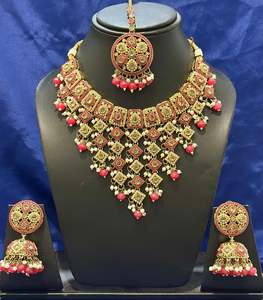 Necklace Sets: Necklace set with earrings and tikka in polki, Colour: Pink, Code: 107