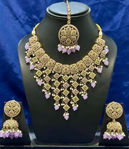 Necklace Sets: Necklace set with earrings and tikka in polki, Colour: Lavender, Code: 104