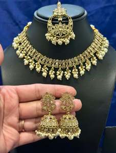 Necklace Sets: Necklace set with earrings and tikka in polki, Colour: Golden, Code: 111