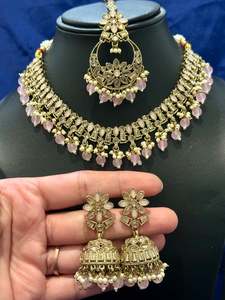 Necklace set with earrings and tikka in polki, Colour: Baby pink, Code: 109