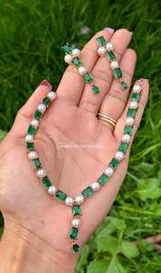 C Green Colour Jewellery Options: Green American diamond necklace set rose gold polish
