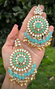 Sky blue earrings and tikka set in mirror with pipal patti