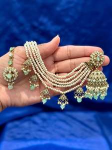 Bahubali Earrings with tikka in Kundan, Colour: Mint, (Code:098)