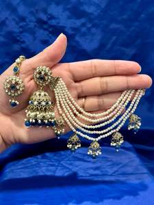 Earrings Collection: Bahubali Earrings with tikka in Kundan, Colour: Navy blue, (Code:096)