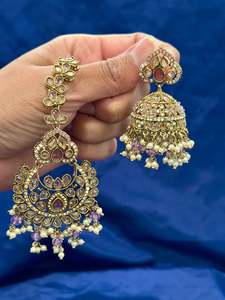 Earrings with tikka in polki, Colour: Purple, Code: 094