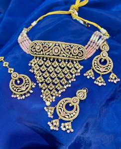 Necklace Sets: AD-Jadau Necklace set with earrings (Premium Quality), Colour: Baby pink, (Code: X12)