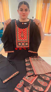 Bindis: Readymade 3 pieces Ajgar Print suit with hand work (Colour: black, Code: 162 )