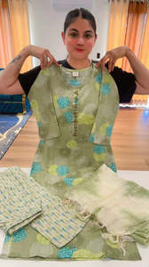 Bindis: Readymade 3 pieces suit with sleek handwork on neckline ( Colour: Pear green, Code: 181 )