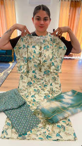 Bindis: Readymade 3 pieces suit with sleek handwork on neckline, Dupatta: 1.8mtr, Colour: sea green, Code: 180