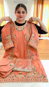 Punjabi Suits: Partywear hand + tilla work suit (Colour: rusty peach), Code: 231