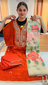 Partywear hand + gota work suit (Colour: rusty + off white), Code: 239