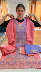 Punjabi Suits: Partywear hand + tilla work suit (Colour: peach + powder blue), Code: 246