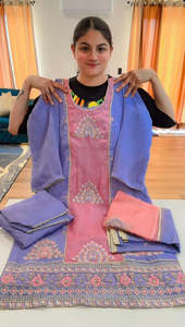 Punjabi Suits: Partywear hand + tilla work suit (Colour: peach + powder blue), Code: 250