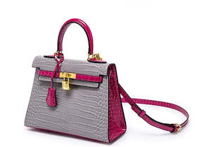 Bags: Genuine Leather Patent Dual Colour Embossed Crocodile Leather Trapezoid Handbag