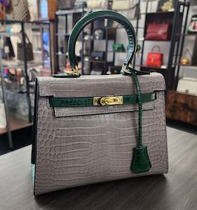 Bags: Dual Colour Patent Embossed Crocodile Leather Trapezoid Handbag