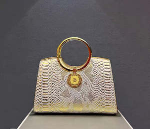 Bags: Embossed Genuine Leather Gold Shimmer Dual Top Round Ring Handles Handbag