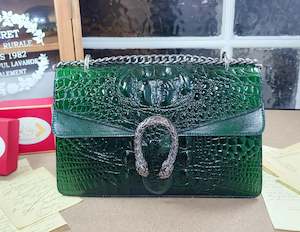 Bags: Embossed Genuine Leather with Tiger Head Closure Chain-Linked Shoulder Bag