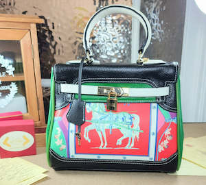 Bags: Genuine Leather Medium Handbag with Horse Print