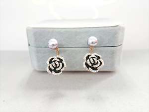 #115 Black Rose Crystal Drop Earrings with Pearl Stud