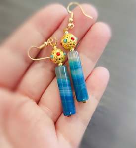 Earthborn Treasures Collection: Icy Blue Agate | Cylindrical | Gold-Toned Plated Earrings