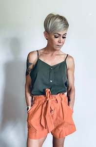 New Pants: Rust paper bag waist belted shorts