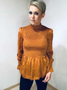Mock Top: Mock neck ruffled slim fit blouse- orange