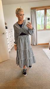 Bishop sleeve gingham cut out ruffle dress