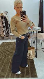 Dark blue yellow stitching wide leg jeans