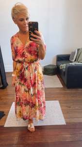 Floral Print Scalloped Edge Elastic Waist Belted Midi Dress