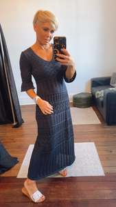 Navy Crochet Flare Sleeve Knit Dress