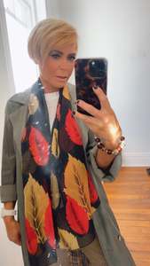 Accessories: Black Leaf Print Scarf