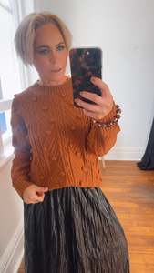 Tops: Deep Tan Pom Pom Detail Knit Top