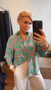 Tops: Ana Print Shirring Cuffs Shirt Green
