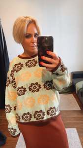 Wool Blend Brown Flower Pattern Mint Knit Jumper