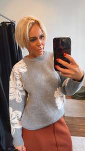 Tops: Wool Blend Side Flower Pattern Jumper Grey