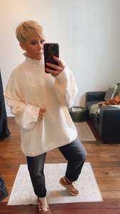 Tops: Beige Border Oversized Wool Blend Jumper