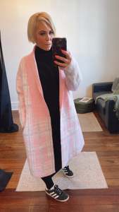 Tops: Pink Long Check Wool Blend Coat