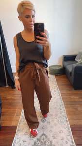 All Pants: Coffee High Tie Belt Detail Waist Wide Leg Pants