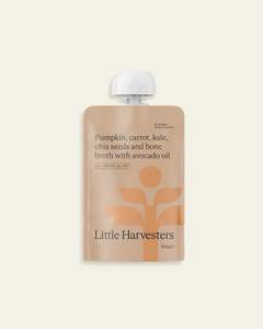 Tableware: Pumpkin, carrot, kale, chia seeds and bone broth with avocado oil