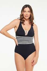 One Piece Swimsuit: Black V Neck Binding