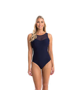 Textured Rib And Mesh: Navy Ribbed Texture High Neck Mesh