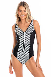Textured Rib And Mesh: Odessa V Neck Zipper