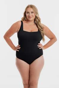 Black Pebbled Texture Square Neck One Piece Swimsuit