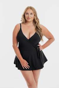 Black Microfibre Swimdress Cross Over One Piece Swimsuit