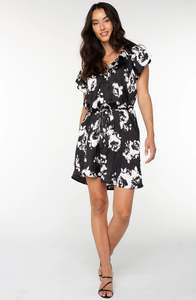 Dresses: Flutter Sleeve Raglan Woven Dress - B&W Floral