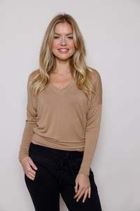 Suzy D - V Neck Batwing Jersey Top - Camel