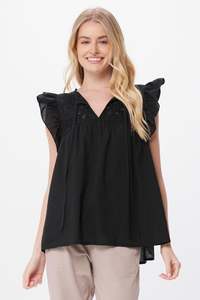 Suzy D: Suzy D Roma Cotton Frill Sleeve Top - Black