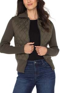 Jackets: Quilted Jacket with Sweater Sleeves - Olive