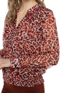 Sale Womens: Liverpool L/S Blouse with Smocked Waistband - Watercolour Cheetah