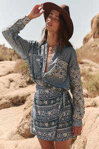 Size M: Spell - Sunshine Bandit Wrap Mini Skirt - Chambray